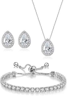 Teardrop Cubic Zirconia Bridal Jewelry Set for Women Earrings Necklace Bracelet Set Wedding Prom Party Jewelry Gift for Bride Bridesmaids