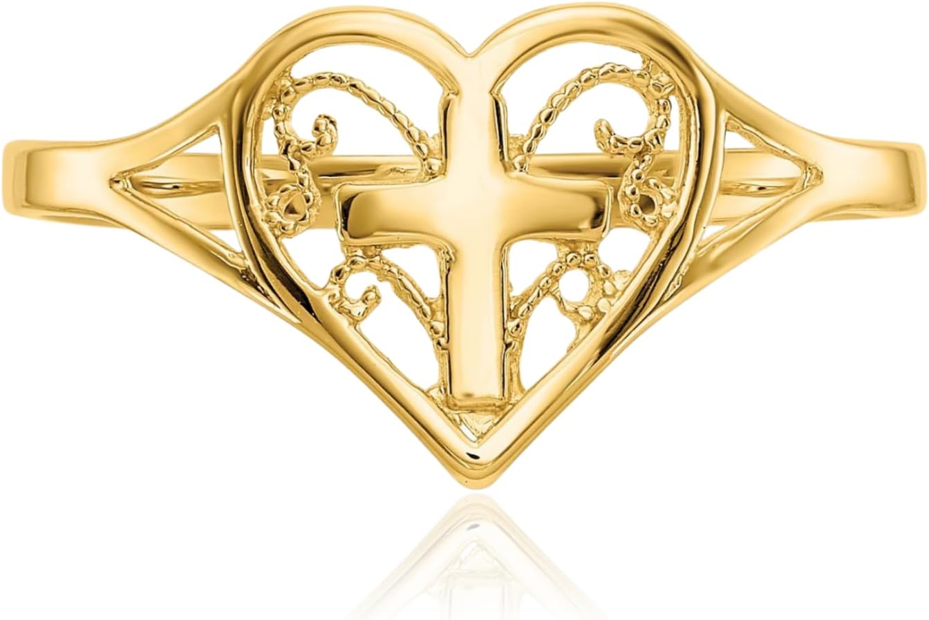 IceCarats 14K Solid Yellow Gold Heart Love Holy Cross Ring Christian Religious Band Size 8