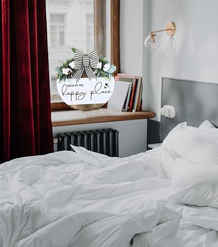 Miniatura 5 de Coronas de letrero con texto en inglés This is Our Happy Place, decoración de bienvenida para puerta delantera, letreros colgantes de pared,