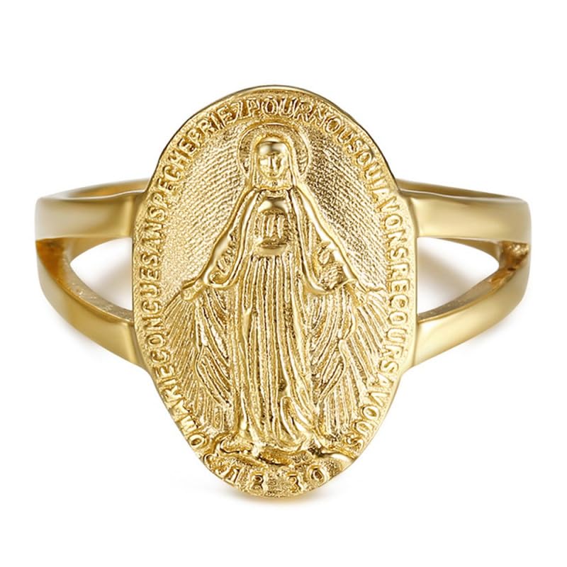 BOBIJOO Jewelry - Bague Chevalière Vierge Marie Médaille Miraculeuse 1830 Acier INOX 316L Or Doré Plaqué - 53 (6 US)