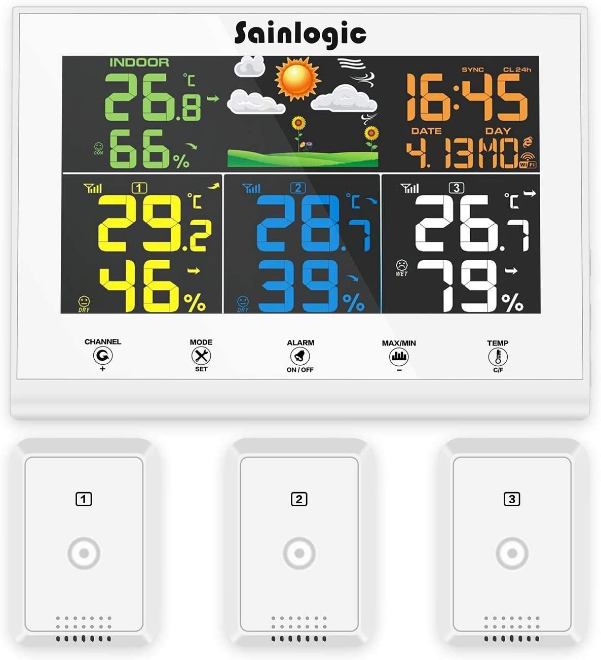 Sainlogic Stazione meteo radio con 3 sensori esterni, previsioni meteo, display a colori, termometro radio, igrometro con sensore esterno