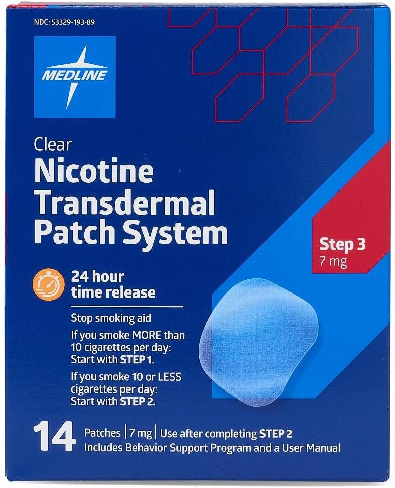 Medline Nicotine Patches 7mg to Quit Smoking, Step 3 Nicotine Patch, Nicotine Patch Step 3, Made in USA, Stop Smoking Aid, 24 Hour Time Release, Clear, 14 Patches