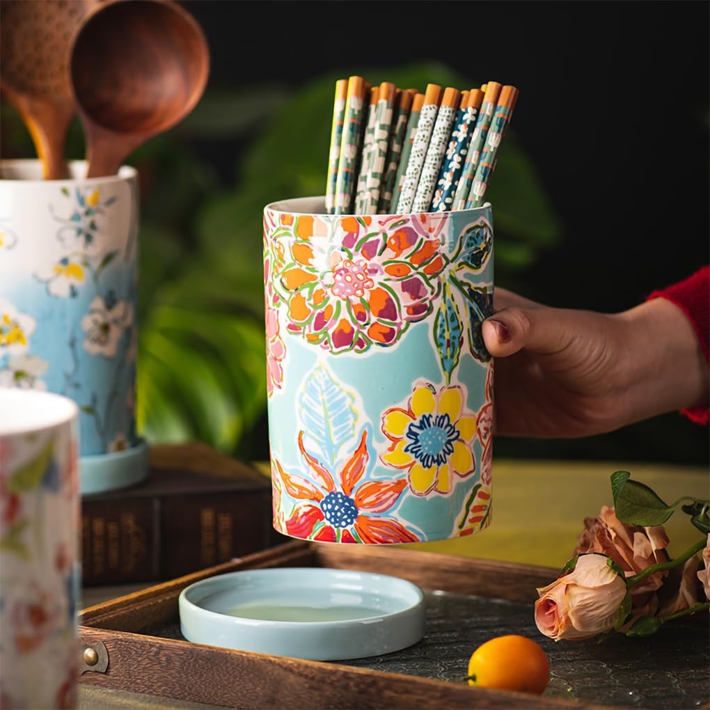 WAIT FLY Flower Porcelain Kitchen Utensil Holder with Bottom Flatware Storage Organizer Utensil Crock for Countertop Kitchen Counter Decor-Orange