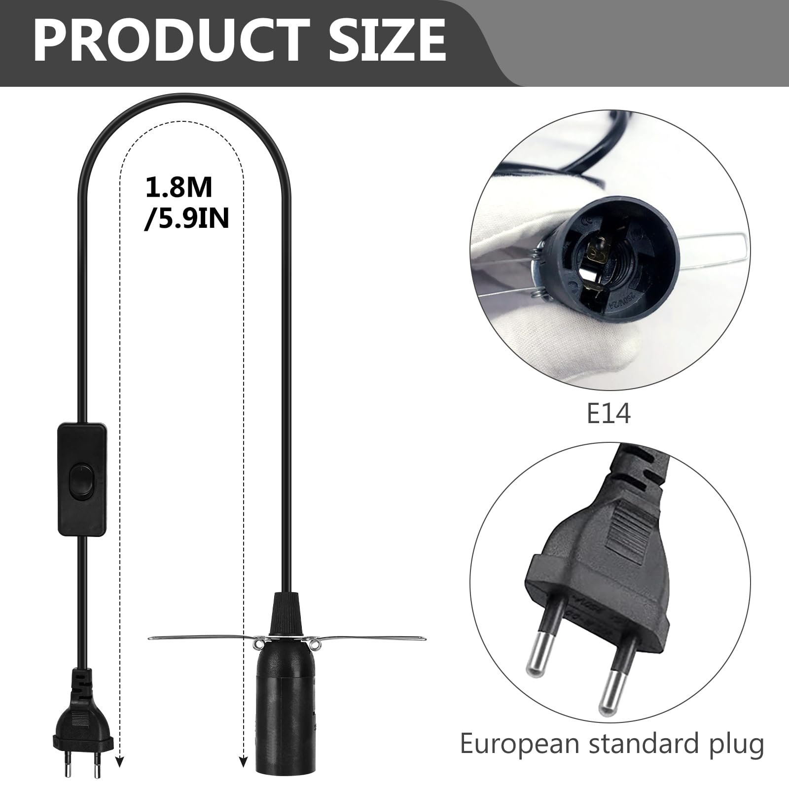 4 Portalampada E27 Con Interruttore E Cavo 1.8m - Bianco E Nero Per Illuminazione Fai Da Te