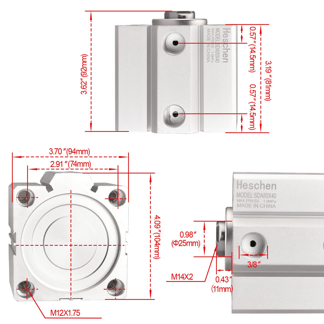 Heschen Alluminio Pneumatico Compatto Cilindro dell' Aria SDA 80 – 40 Alesaggio: 80 mm; Corsa: 40 mm 3/8 PT Port Dimensioni Doppio Effetto