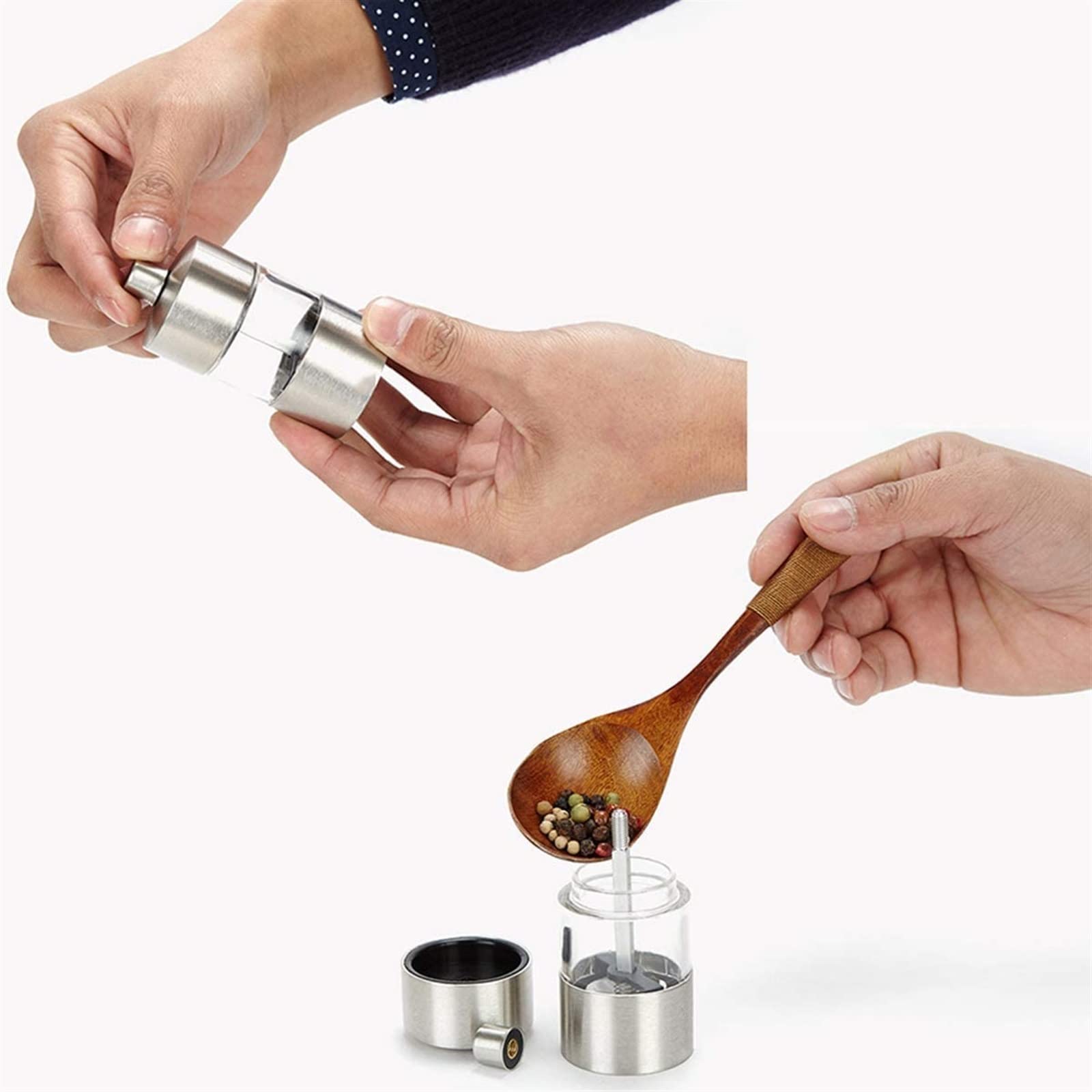 Salzmühle, Pfefferstreuer, Mini-Salz- und Pfeffermühle, 85 mm, verstellbar, Edelstahl, manuelles Salz- und Pfeffermühlen-Set mit Gewürzdosen mit Keramikkern