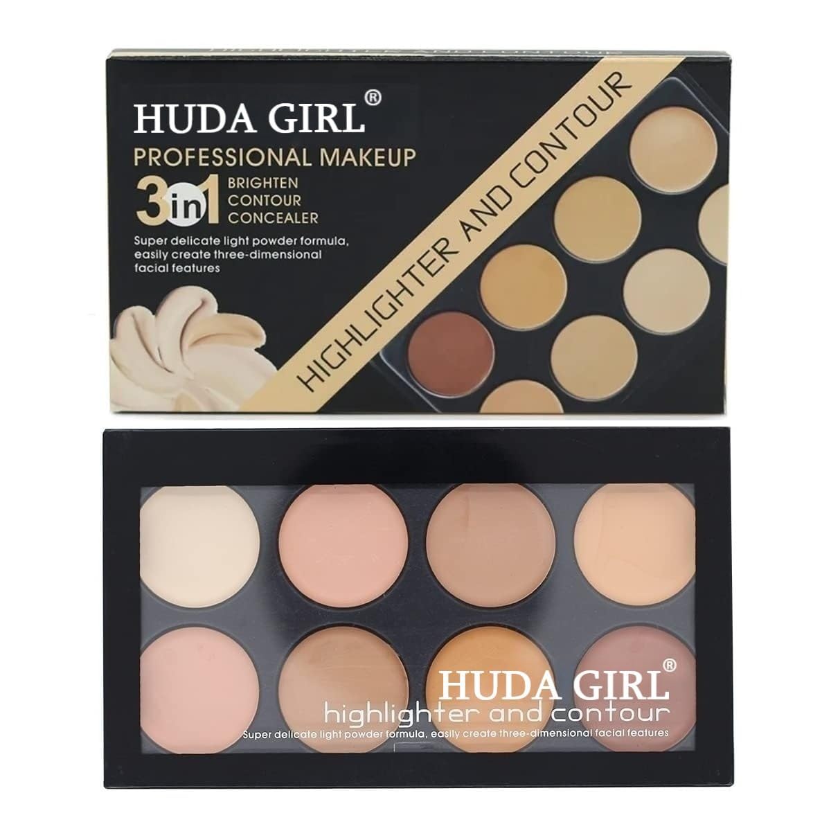 HUDA GIRL 8 Shades Highlighter, Contour & Concealer for Women – Long Lasting, Waterproof, Pigmented, Full Coverage Concealer & Colour Corrector for Dark Circles
