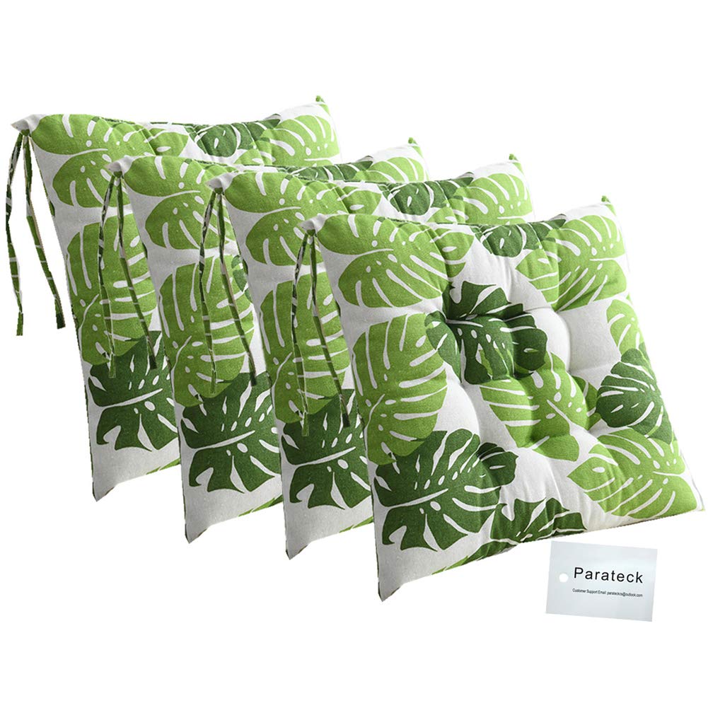 4 of Dining Chair Cushions with Ties 40 x 40cm Seat Pad Garden Office Chair Cushion Living Room Seat Cushion (Green Leaves)