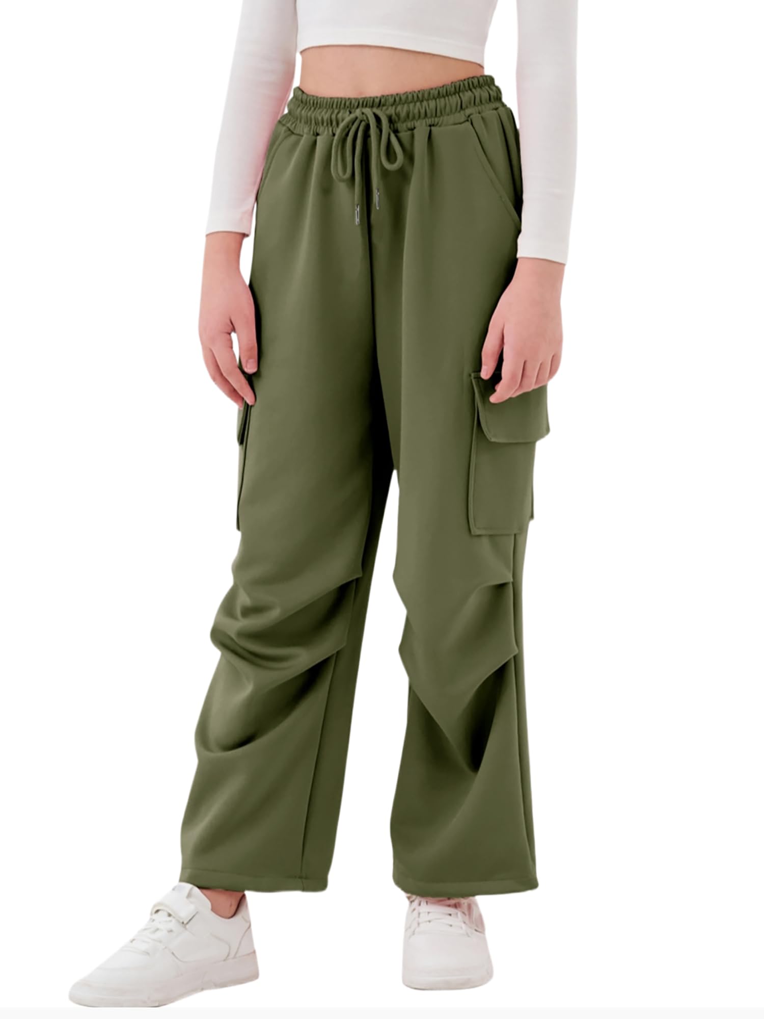 Rolanko Girls Cargo Pants Quick Dry Baggy Hiking Pants Wide Leg Cargo Jogger Trousers for Kids Outdoor Sport Daily 4-14 Years