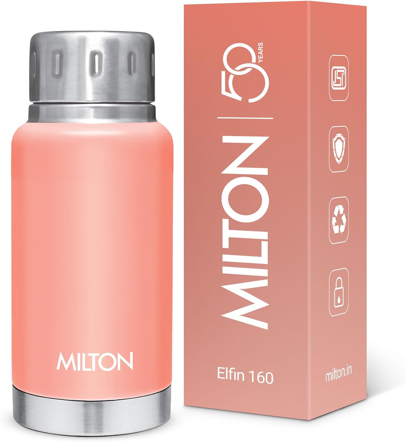 Milton Elfin 160 Thermosteel Hot and Cold Water Bottle, 160 ml, Peach | Leak Proof | Easy to Carry | Office Bottle | Hiking | Trekking | Travel Bottle | Gym | Home | Kitchen Bottle