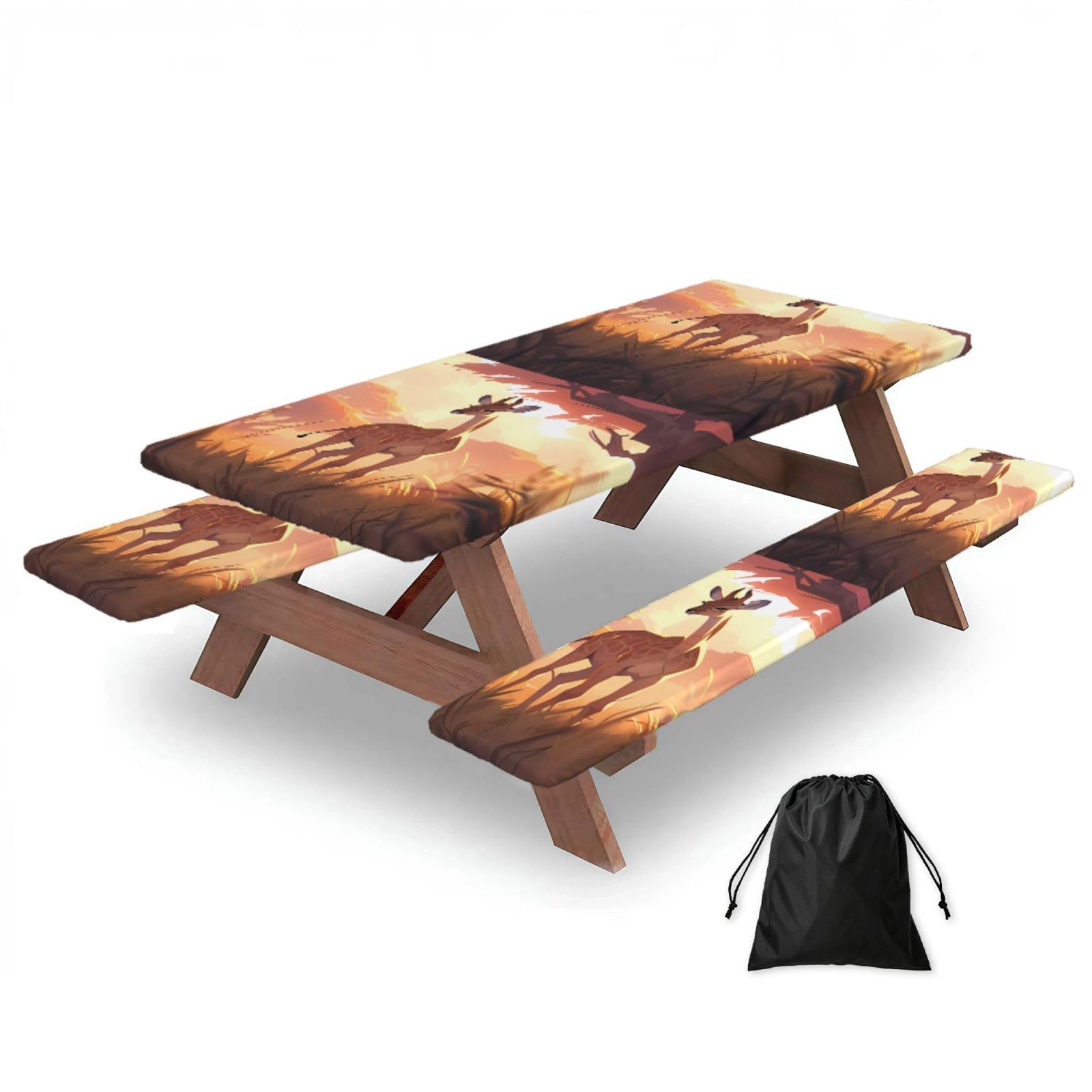 Hhbiuuo Black 72In Camping Table Cover & Bench Covers 3-Pack Set, African Savannah Giraffe Calf Print Tablecloths, For Rectangle Tables Picnic