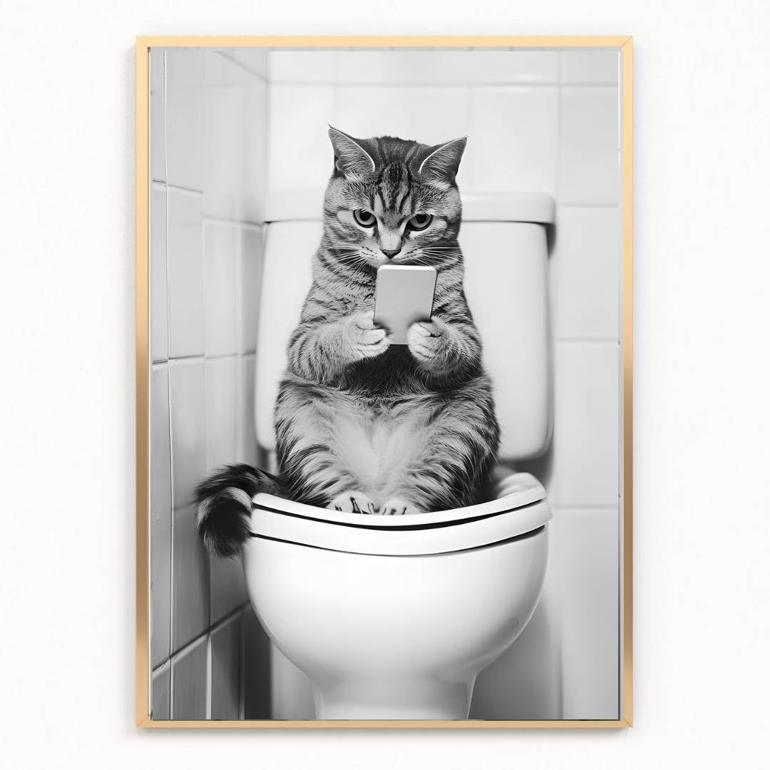 Gfc Black White Funny Bathroom Toilet Animal Print Picture Poster Cat On A Toilet Selfie Phone A4 Unframed Wall Art Home Decor Decorating