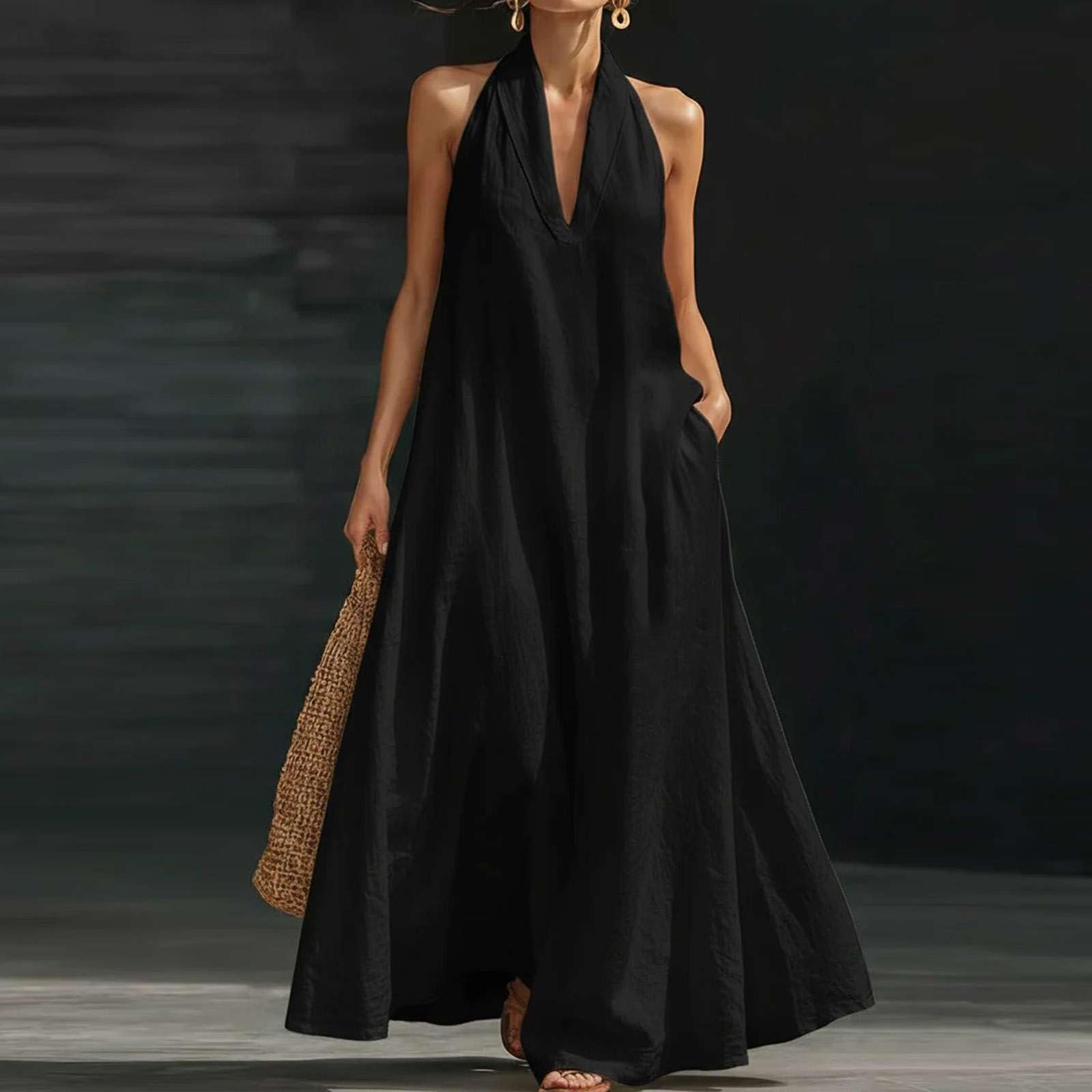 Abito Lungo Minimalista ed Elegante da Donna 2026, Abito Estivo in Lino con Scollo a V e Collo Allacciato con Tasche