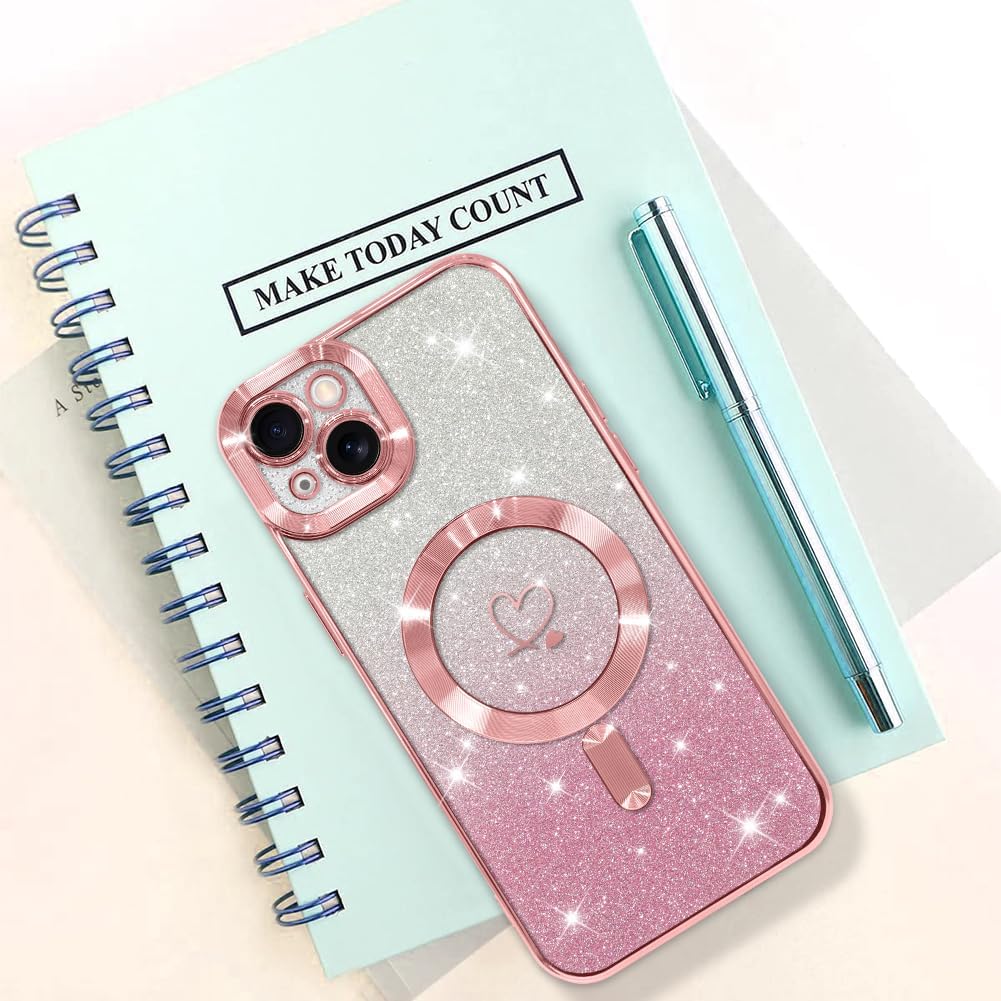 Bonoma Compatible with iPhone 15 Plus Case Support for MagSafe, Plating Heart Glitter Magnetic Case 2* Screen Protector TPU Camera Protection Back Cover for Girls Women -Pink - Image 6