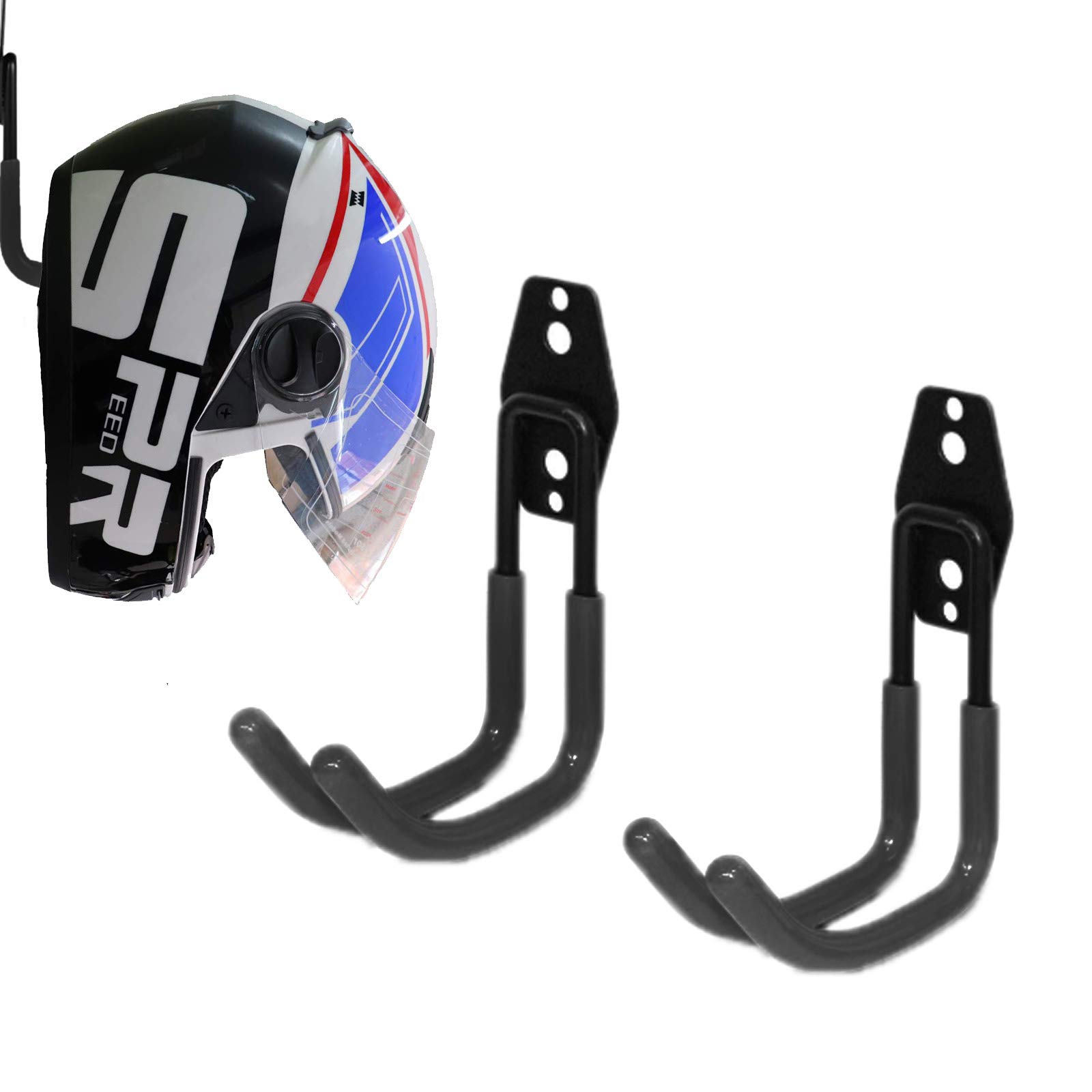 MC MOTOPARTSBlack Wall Mount Helmet Half Full Shield Helmet Hook Holder x2 Large Double Iron Curved Hook Tools