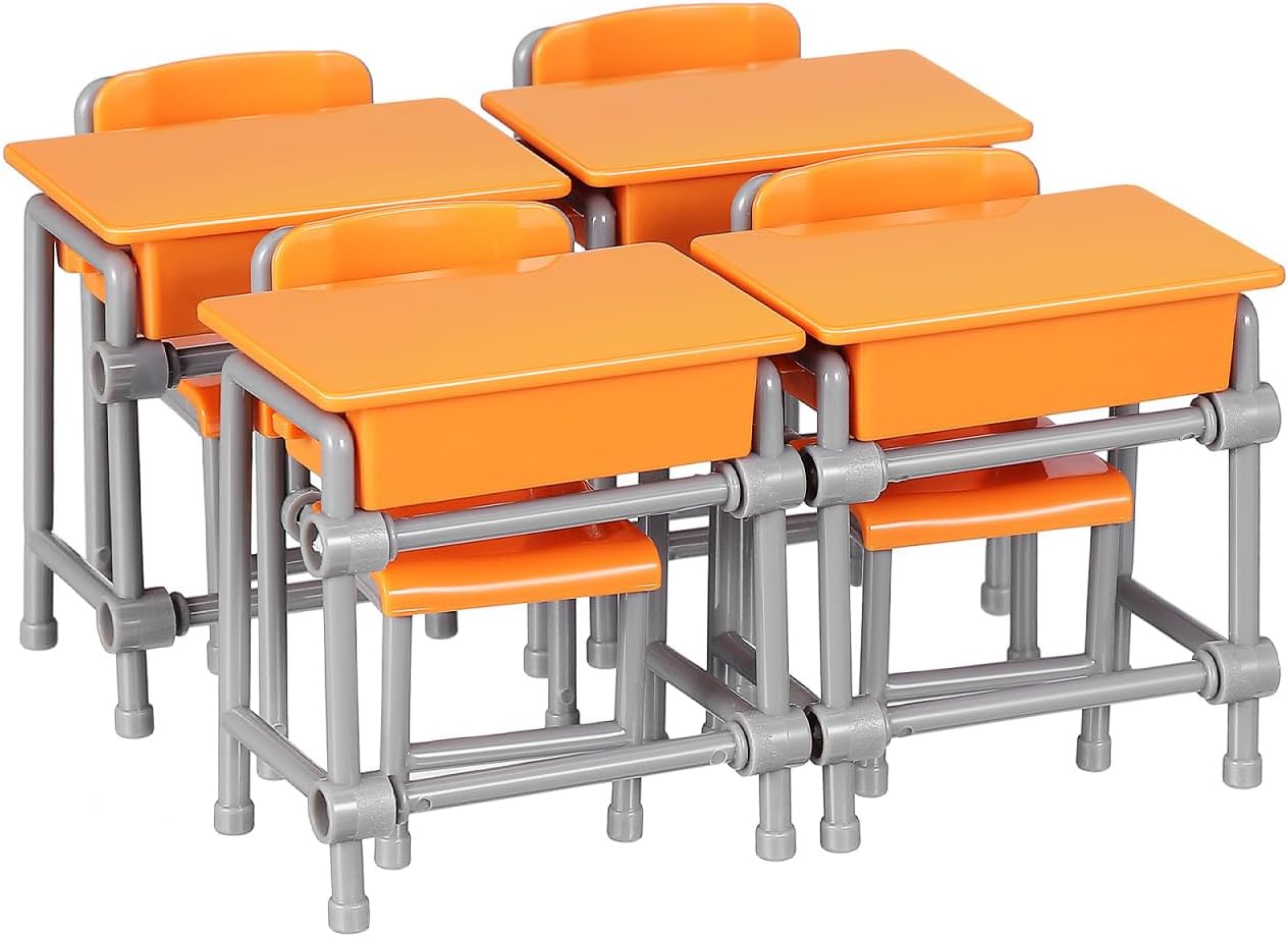 VOSAREA Miniature School Desk and Chair Set 4 Sets Dollhouse Furniture Set Tiny Furniture Miniatures for Dollhouse School Model Mini Classroom Decor Office Display