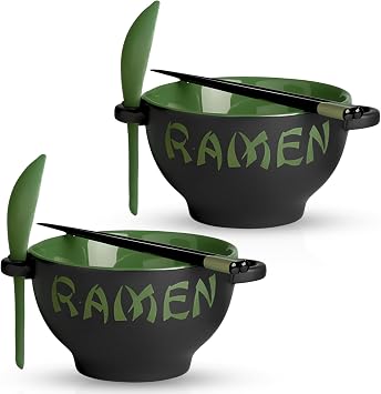 Ceramic Ramen Bowl Set with Chopsticks and Spoon - Set of 2 Microwavable Noodle Bowl Kitchen Set for Instant Noodles, Pho, Udon Noodles, Miso Soup - Green Japanese Ramen Bowls Ceramic Gifts 21 oz