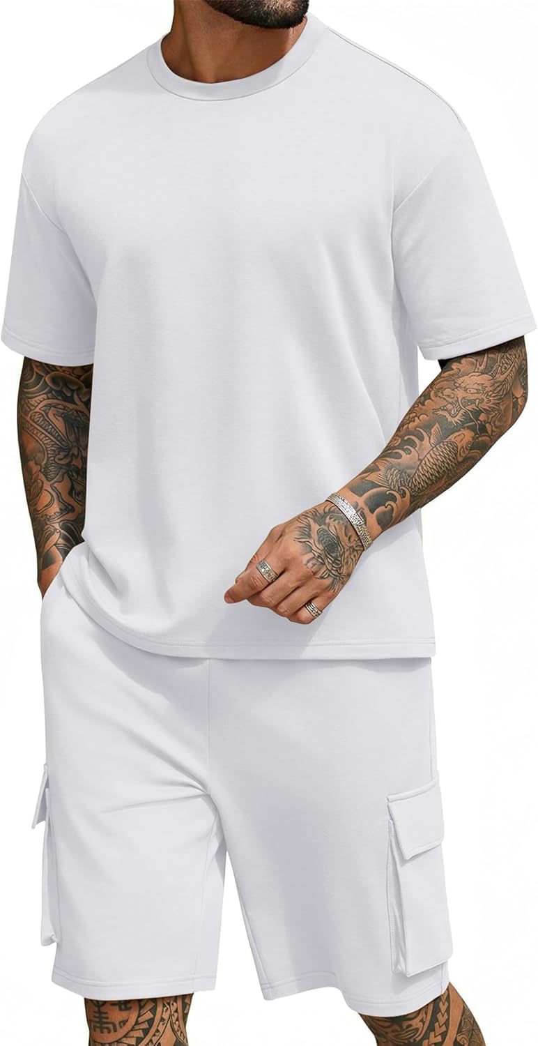 COOFANDY Men's Shirt and Shorts Set 2 Piece Fashion Summer Tracksuits Cotton Oversized T-Shirts Cargo Shorts Outfits