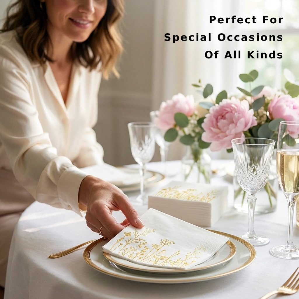 GardenCity Floral Napkins, Gold Flower Cocktail Napkins, Disposable Wildflower Paper Napkins, 3-Ply, 5x5” Folded (100 Pack)