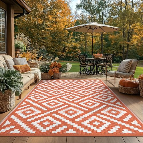 Image of GENIMO Fall Decor Outdoor Rug, Plastic Rugs for Patio, 6'x9' Orange White