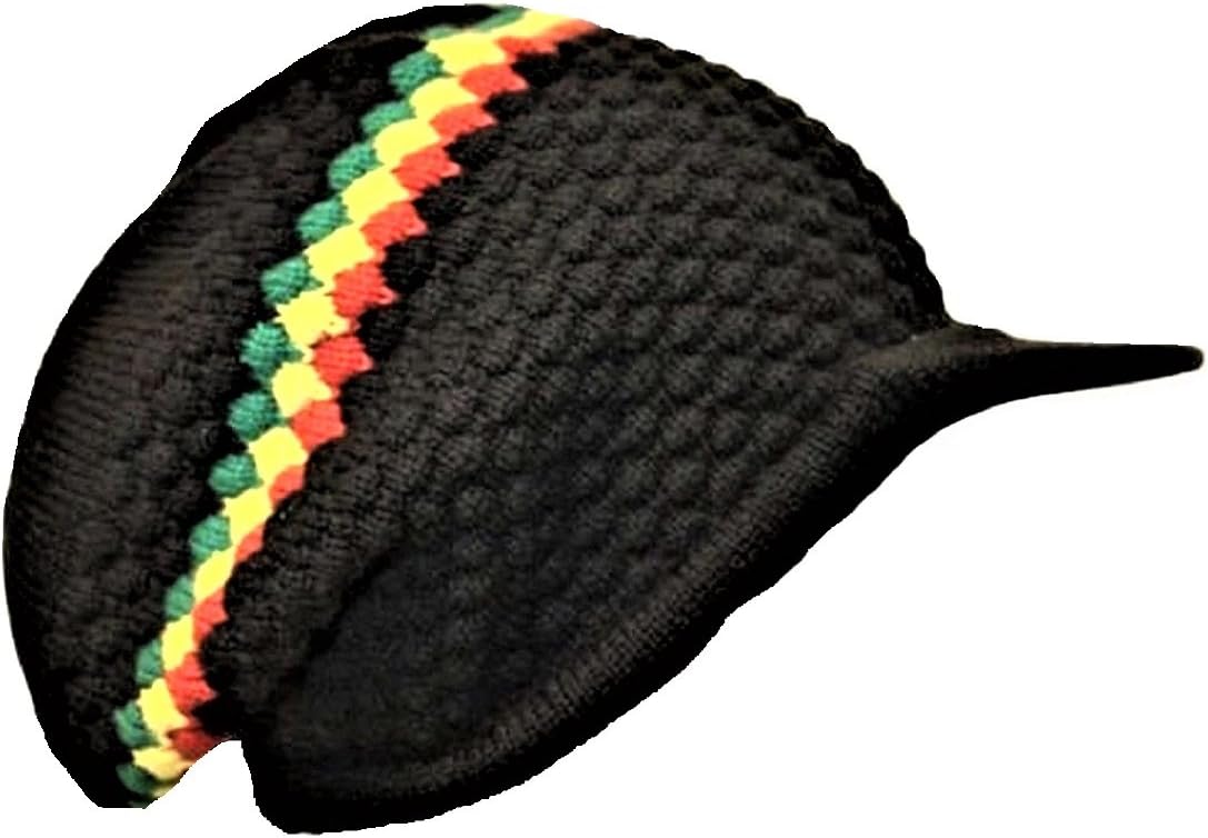 yellowospreyBlack Rasta Reggae Knitted Beanie Hat with Peak Slouch Baggie Bob Marley Style