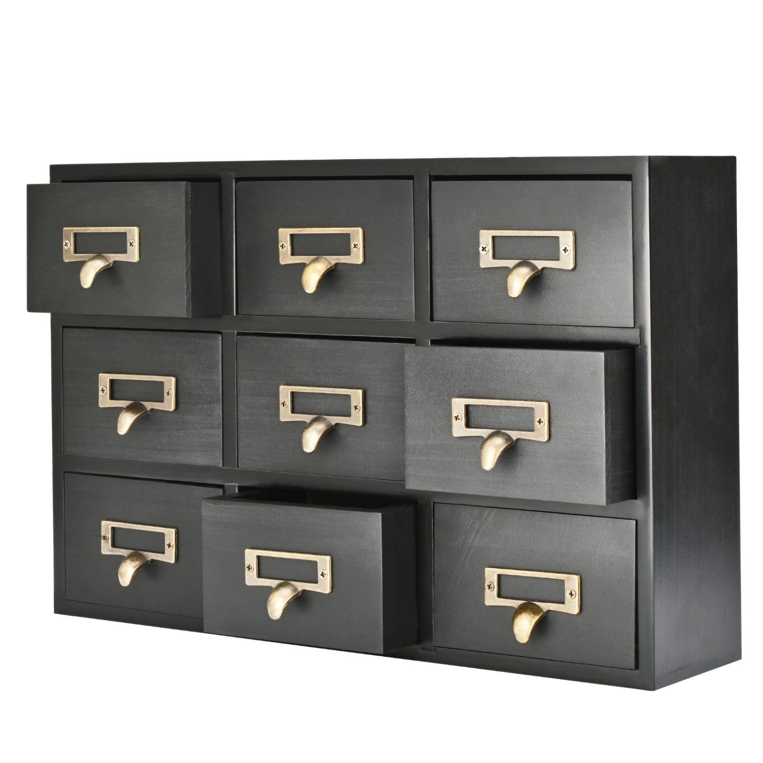 Flexzion Apothecary Cabinet with Drawers - 9 Vintage Drawers, Card Catalog Cabinet, Black Wooden Tabletop Desktop Organizer for Home Office, Jewelry, Makeup, Tools & Small Item Storage