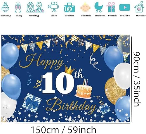 Miniatura 2 de Cartel de tela para decoración de cumpleaños número 10 para niños y niñas, cartel de tela de feliz 10 años, fondo de fotografía azul, suministros de