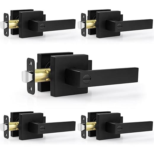 Estmoon 5 Pack Matte Black Door Handles Interior Door Knobs, Keyless Privacy Bedroom Door Lock, Heavy Duty Zinc Alloy Home Improvement Door Leverset for Bedrooms Bathrooms