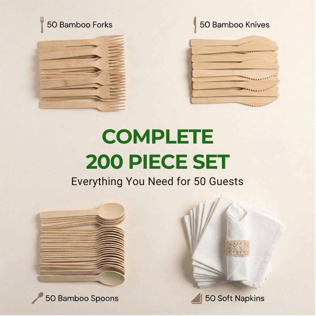 Pre Rolled Napkin and Bamboo Cutlery Set - 50 Pack Bamboo Utensils Wooden Cutlery 50 Forks 50 Knives 50 Spoons 50 Napkins, Pre Wrapped Disposable Silverware Cutlery for Party, Wedding, Events