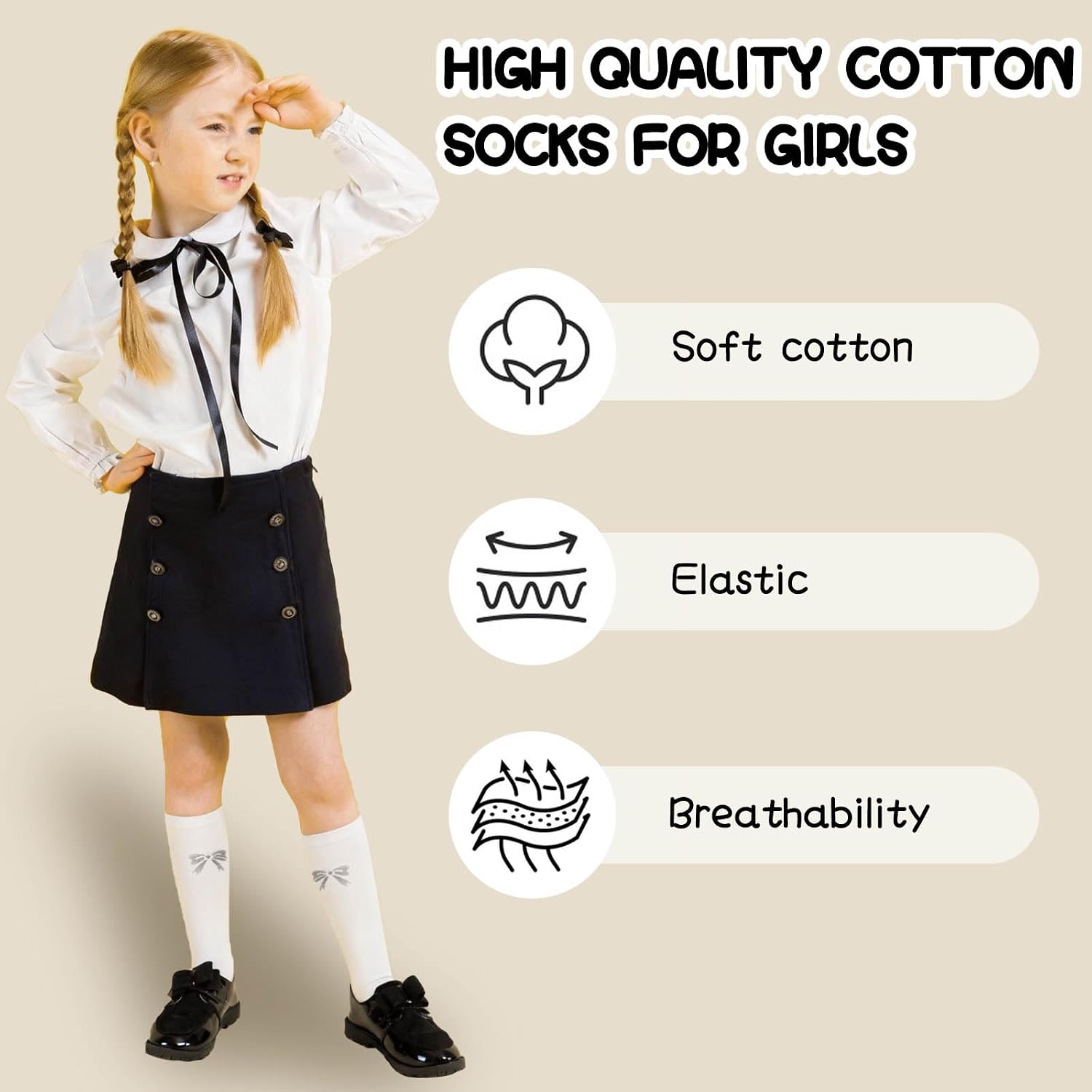 3 Pairs Baby Knee High Socks Uniform Socks for Girls,Long Sock with Bow Toddler Infant Stockings 3-5T