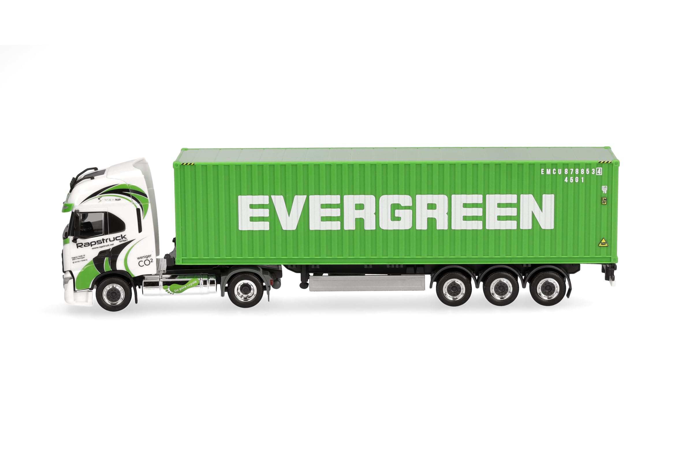 Herpa model ciężarówki Iveco S-Way LNG 40ft zestaw kontenerowy „Rapstrucks/Evergreen”, miniatura w skali 1:87, model kolekcjonerski, wyprodukowano w Niemczech, tworzywo sztuczne