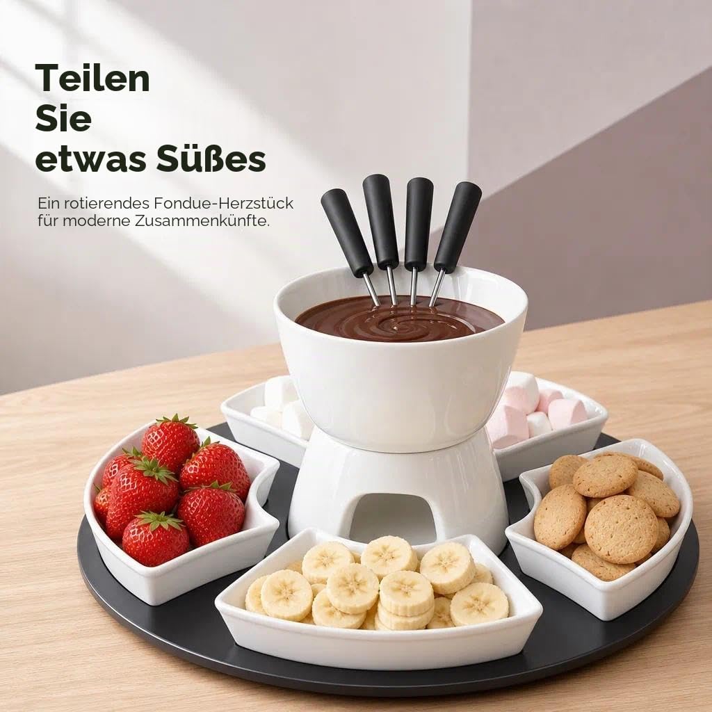 Keramik Schokofondue Set, 300ML Schokoladenfondue mit 4 Keramiktellern und 4 Gabeln, für Käse Fondue Familienessen Nachtisch Picknicks, Weiß