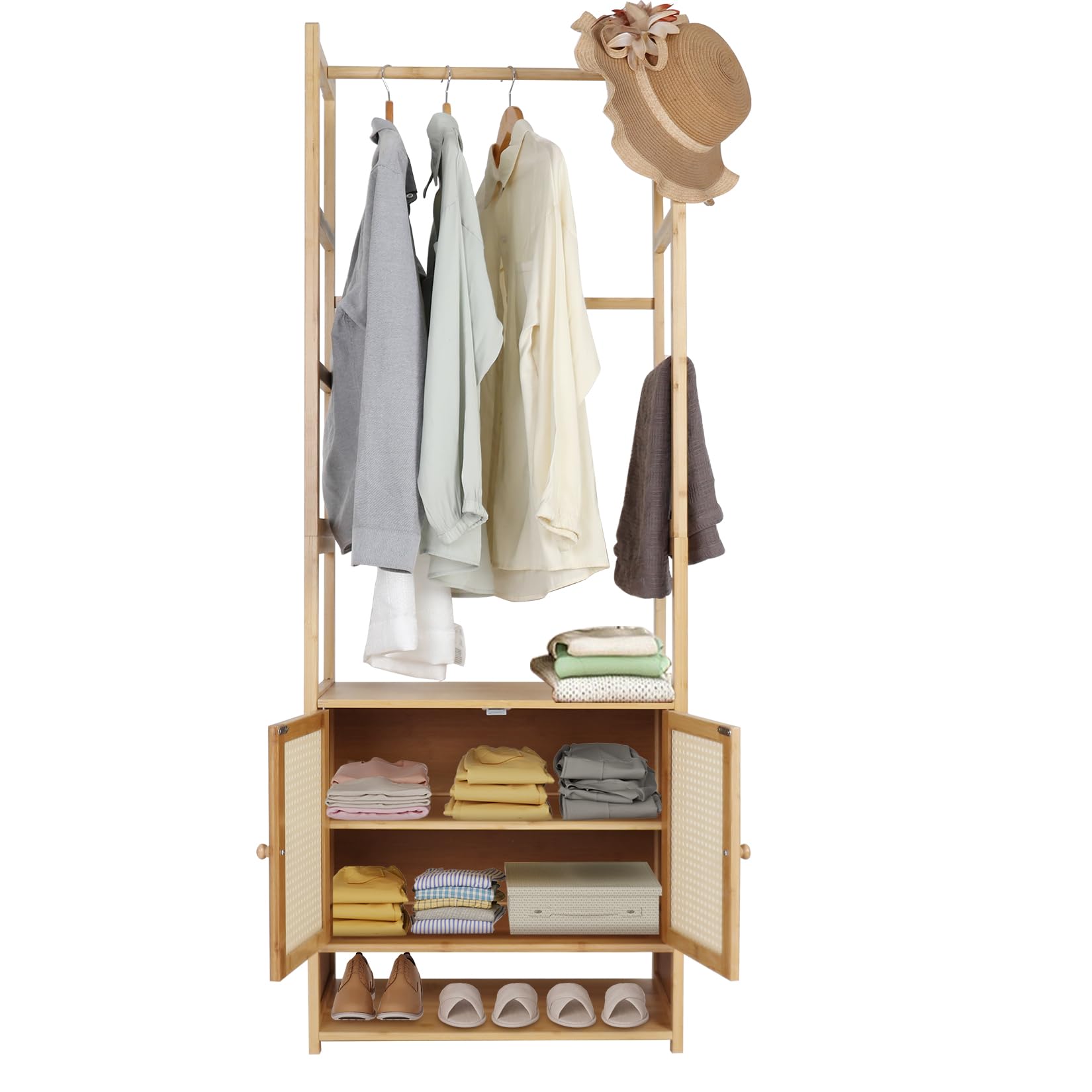 UNHO Appendiabiti da Terra Bambù: Armadio Aperto Guardaroba a giorno Stand Appendiabiti Attaccapanni con Ripiano Armadietti Autoportante per camera da letto soggiorno 53x32x168cm