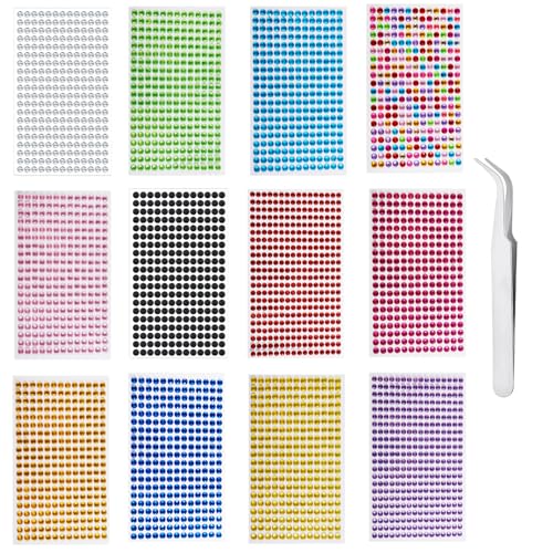 iJiZuo 4140 Stück Glitzersteine Selbstklebend 12 Blatt Strass Aufkleber, 5mm Strasss Selbstklebende Strasssteine, für DIY Fingernagel Handy-Kleidung Dekorationen-Farbe 5mm