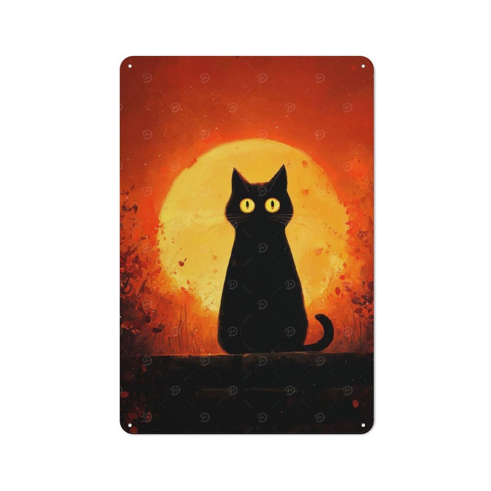Junmoney Black Cat Silhouette With Orange Moon Retro Metal Sign With Design 30X20cm, Nostalgic Vintage Wall Decor For Kitchen, Hallway, Bar Or Small Cafe