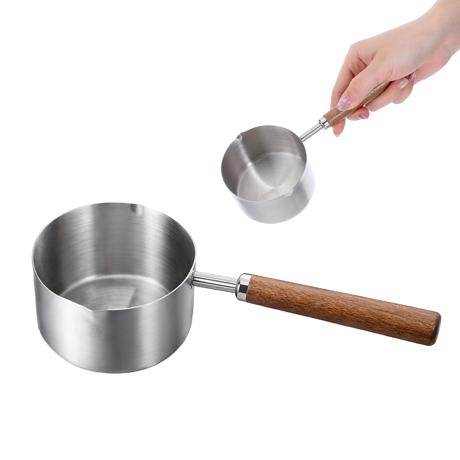 250ml Mini Saucepan Milk Pan Small Coffee Pan Stainless Steel Mini Pot Butter Warmer Small Sauce Pans with Pour Spout Wooden Handle for Milk Coffee Butter Cooking