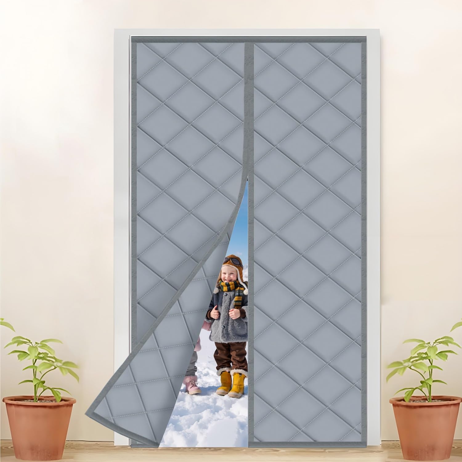 Rideau de porte isolant thermique magnétique en coton gris pour hiver 100x220cm