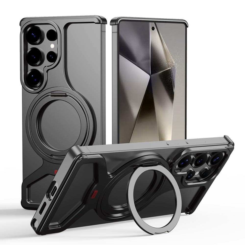 Case for Samsung Galaxy S24 Ultra, Aluminum Metal Drop Protection Cover with Magnetic Ring 360° Rotating Kickstand - Slim Frameless Design, Compatible