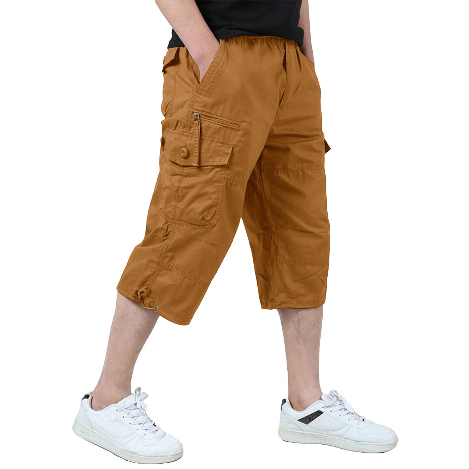 KEFITEVD Cargo Shorts Men Casual 3/4 Length Shorts Cotton Capri Long Short Pants Cropped Trousers with Multi Pockets