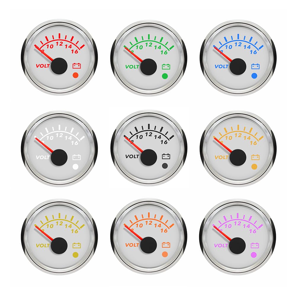 ELING Voltmètre 52mm 8-16V avec rétroéclairage 8 couleurs avec alarme pour voiture bateau yacht camion