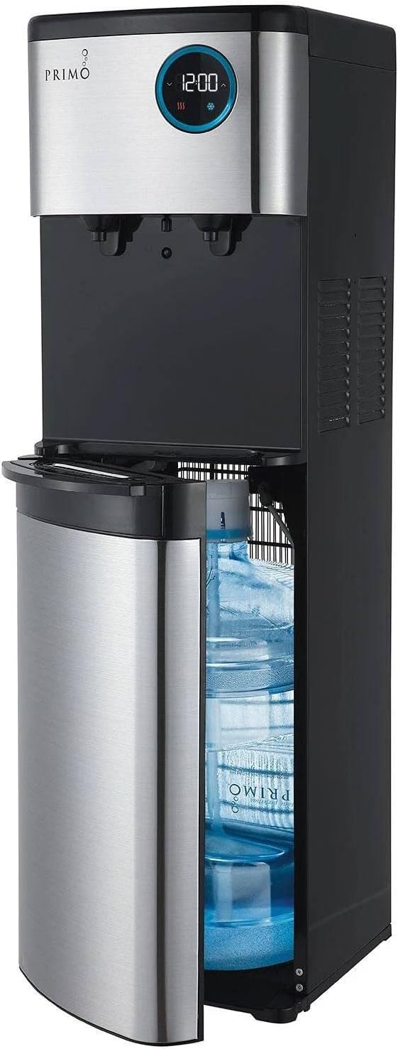 Primo Smart Touch 2.0 Water Dispenser with the bottom door open, revealing a 5-gallon water bottle inside.