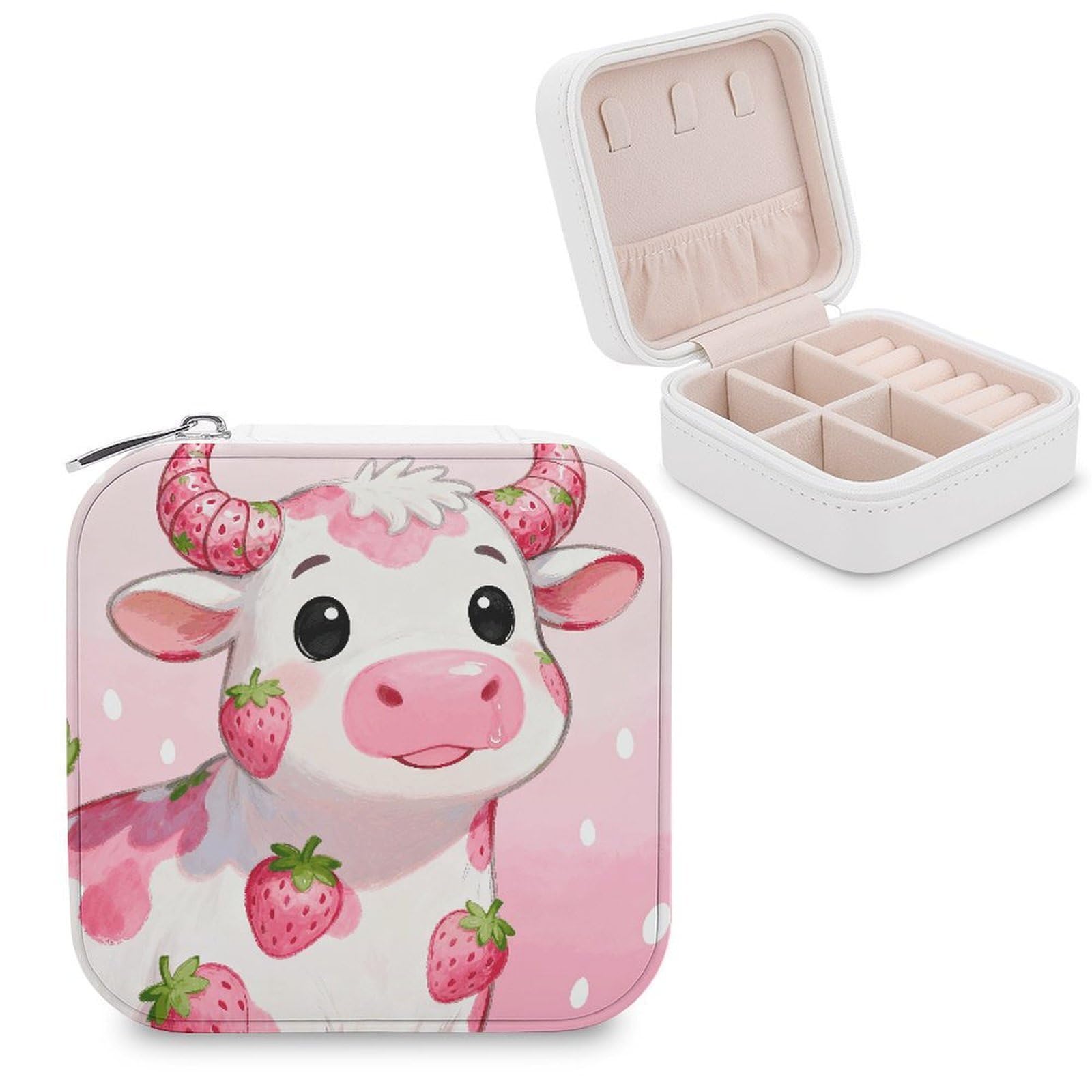 VstaDank Strawberry-flavored Cute Cow Jewelry Box Beautiful Portable Ring Boxes Cute Large-Capacity Jewelry Case Jewelry Organizer for Mothers Gifts for Earrings Rings Hand Bracelet