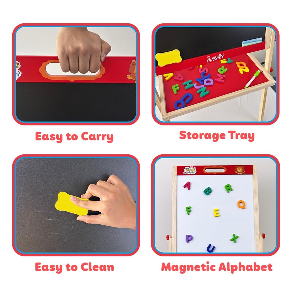 Wudly® Wooden 2-in-1 Kids Easel Board | Magnetic Whiteboard & Blackboard with Alphabet Magnets | Drawing, Writing & Learning Educational Toy for Kids 3-10 Years - Image 4 thumbnail