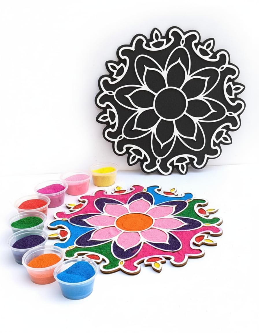 Reusable Floating Rangoli Mat. Washable, Portable Readymade Stencil Template Craft. Just Fill with Rangoli or Petals. Traditional Design with Modern Day Ease of Use (Design K) (11.5 Inch)