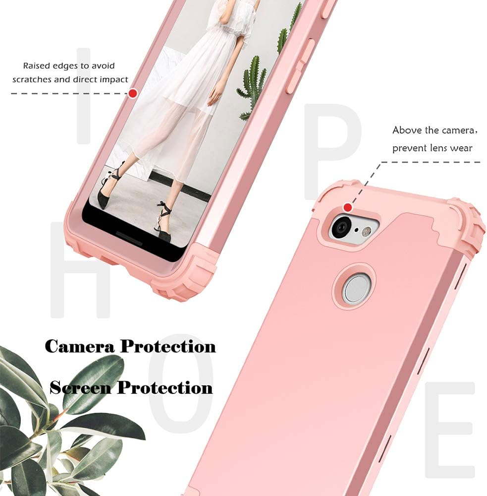 Phone Case for Google Pixel 3 Hard Cover Shockproof Soft Silicone Bumper Hybrid Three Layer Defender Heavy Duty Protective Wireless Charging Cell Accessories Pixel3 Pixle Cases Women Rose Gold