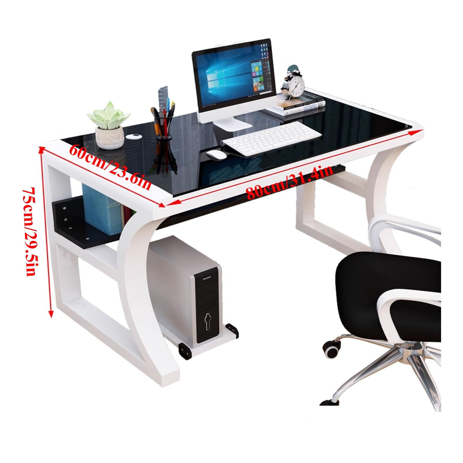Escritorio de Cristal Templado for Ordenador, Escritorio Oficina con Estructura metálica, Estudio for en casa o Espacio Trabajo(White+Black,31.4'')