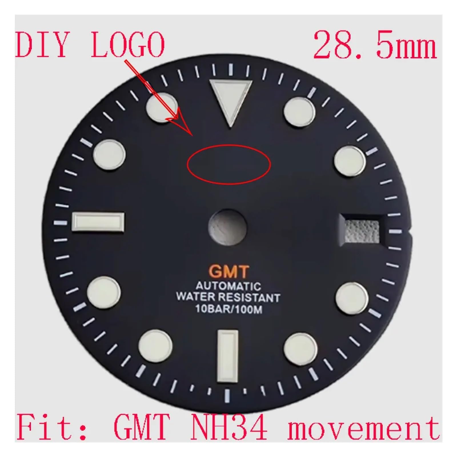 ZHGUIMING Cadran de Montre 28,5 mm C3 Super Green Glow in The Dark Calendrier Unique for GMT NH34 Mouvement Automatique Assemblage Accessoires de Montre(BZ-2)