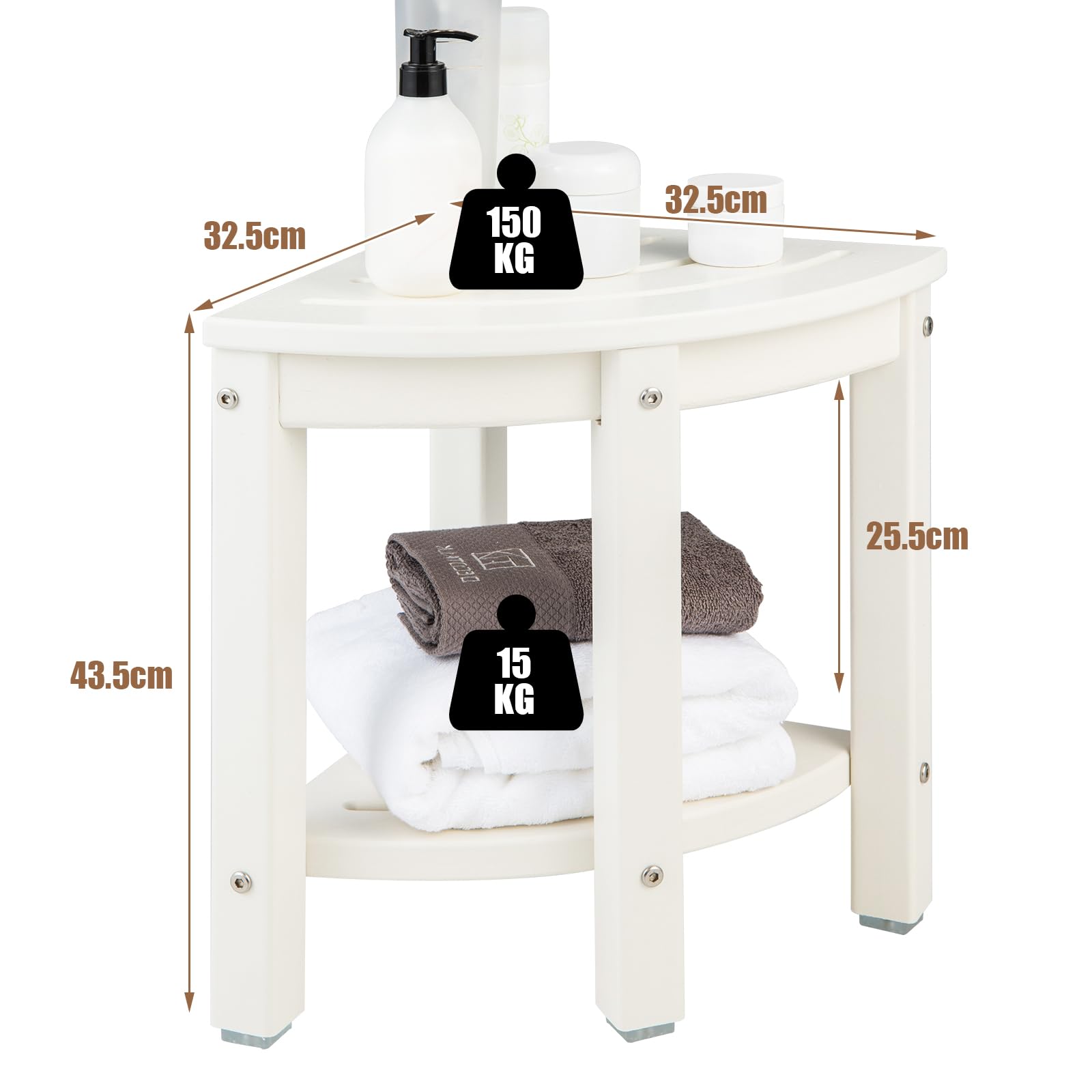 HOMASIS Eck Duschhocker mit 2 Ebenen, fächerförmiger Badehocker aus HDPE, Duschstuhl mit Entwässerungslöcher, Badestuhl belastbar zu 150 kg, 32,5 x 32,5 x 43,5 cm (Weiß)
