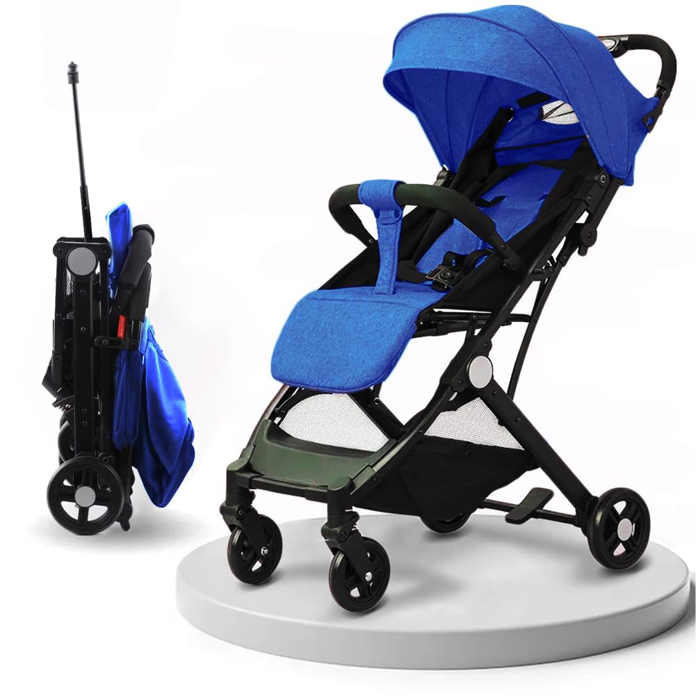 BAKAJI Passeggino Easy Ultra Leggero con Chiusura Facilitata Portata Massima 15 kg, Schienale Reclinabile con Cintura di Sicurezza a 5 Punti, Pieghevole con Una Mano, Salvaspazio (Blu)