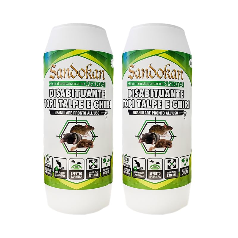 Sandokan 2 paquetes de ahuyentador granular – Repelente natural para ratones, ratas y topos, uso exterior, efecto barrera, listo para usar